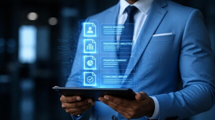 Fototapeta premium Close up of businessman holding tablet projecting futuristic glowing blue holographic display of document icons in an office.