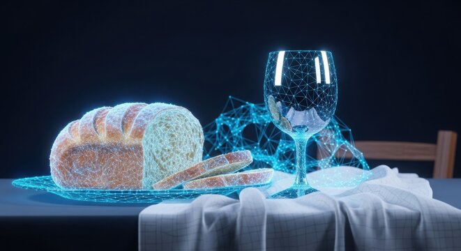 a plate with a loaf of bread and a glass on a table illustration