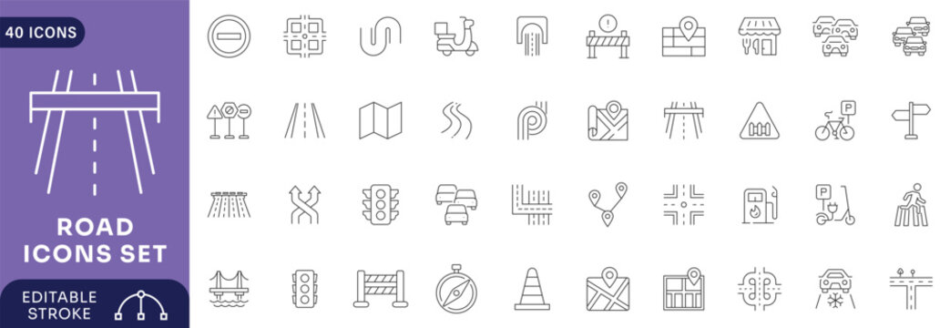 Road icons set. Containing street, highway, traffic light, signpost, parking, crosswalk, roundabout, Etc. Editable stroke