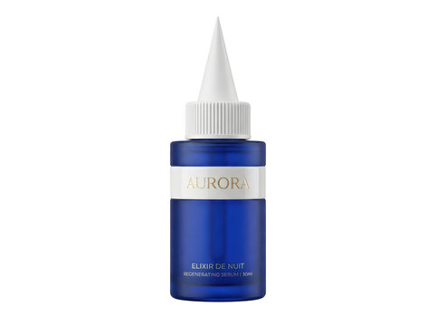 Blue bottle of aurora elixir de nuit regenerating serum on transparent background