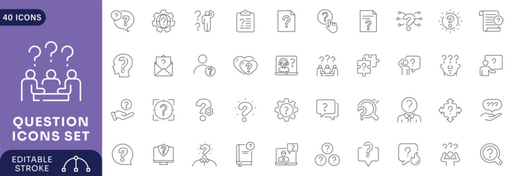 Question icon set. Containing Problem, confusion, asking, questioning, question mark, ask, help, speech, problem solve. Editable stroke
