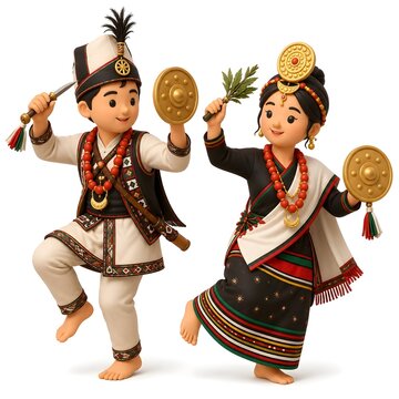 3D Isometric Miniature of Cute Nepali Couple Performing Traditional Chyabrung Dance