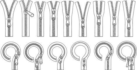 Zipper Mechanism Illustration Set Featuring Open and Closed Zip Fasteners, Slider Variations, and Sewing Accessories in Detailed Line Art Vector Style © Mst