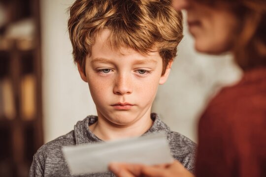 Sad disappointed young little boy looking down at exam test results report or letter held by mother hand with worried emotional face expression close up detailed portrait indoor shot