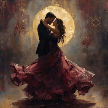A guy and a girl dancing in a painting