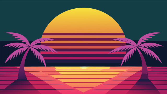 Retro sunset with palm trees over a stylized ocean reflecting vibrant stripes in a synthwave aesthetic