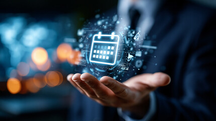 Businessman holding a glowing virtual agenda calendar icon floating above his palm, three-dimensional digital interface elements surrounding the concept in a modern technology background, © Denis Yevtekhov