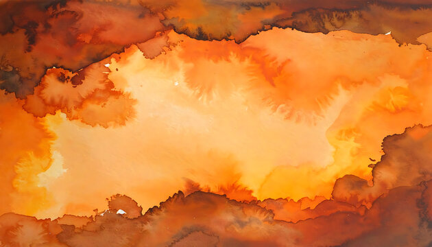 abstract watercolor wash with organic edges in warm orange, brown, and yellow tones, evoking a sense of heat or natural texture, suitable for backgrounds or artistic designs