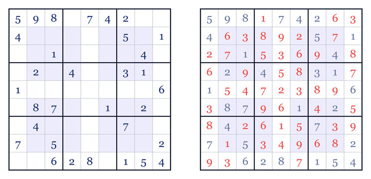 Sudoku puzzle grids with solved and unsolved versions displayed  