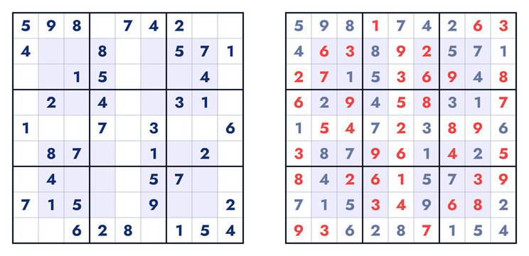 Sudoku puzzle grids illustrating solved and unsolved versions  