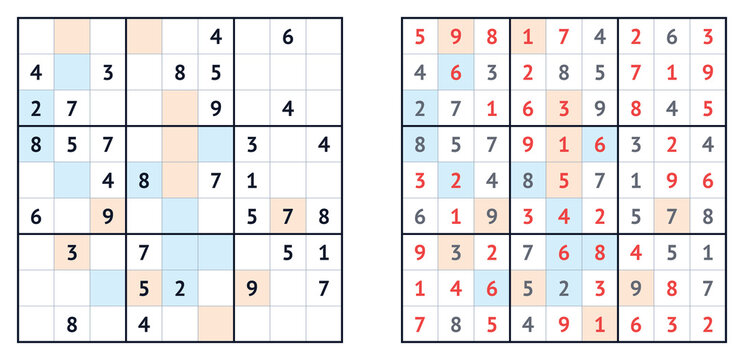 Sudoku puzzle grids with highlighted numbers and color markings  