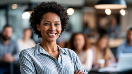 Fototapeta premium Confident team leader delivering a presentation to a diverse and engaged multiracial team in a well-lit modern office environment, the scene emphasizing teamwork, business strategy, and