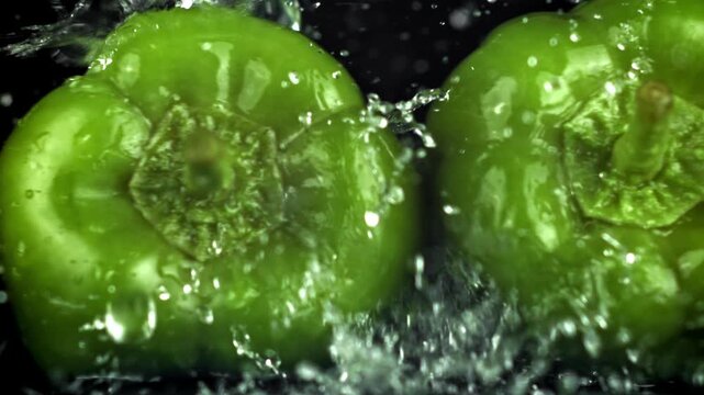 Green bell peppers immersed in splashing water, dynamic droplets, Filmed on a high-speed camera at 1000 fps.