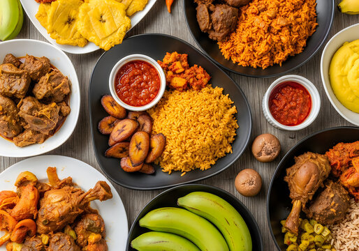 African food jollof rice plantains stew chicken beef fufu wooden table flatlay overhead traditional nigerian ghanaian cuisine meal assortment background