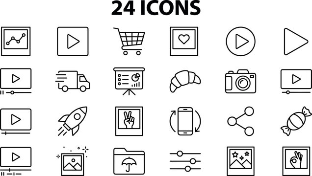 Multimedia and Interface Line Icon Set of 24 Symbols Including Video Play Shopping Media Sharing and Content Creation Elements
