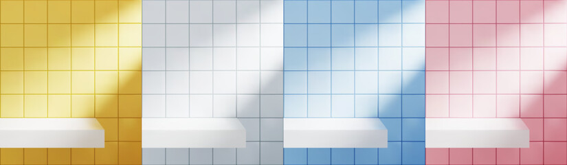 Fototapeta na wymiar Set of yellow, white, blue and pink ceramic tile wall background. Empty bathroom shelf mockup with realistic window shadow overlay.