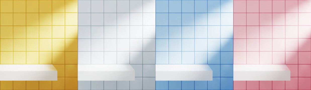 Set of yellow, white, blue and pink ceramic tile wall background. Empty bathroom shelf mockup with realistic window shadow overlay.