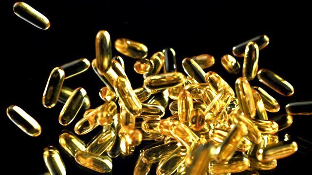 Glossy golden softgel capsules fall against black background, Filmed on a high-speed camera at 1000 fps.