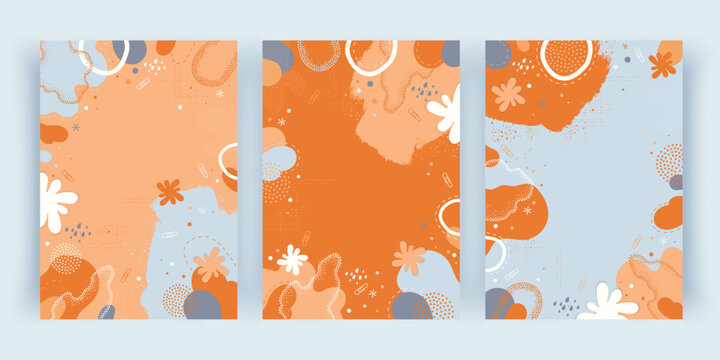 Set of abstract vertical backgrounds with orange and blue organic shapes, dots, and stationery elements. Hand drawn creative vector templates with copy space for covers, banners, or packaging design.
