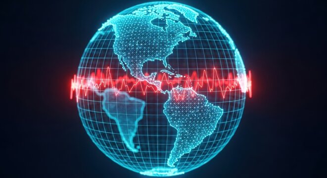 a blue globe with a red light on it illustration