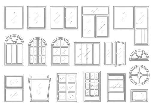 Set of diverse window frames in simple black and white line art style