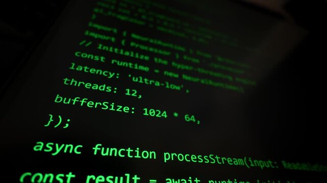 Green lines of programming code scroll across a black computer monitor in a dark room environment. Concept of artificial intelligence development, machine learning software, and cybersecu
