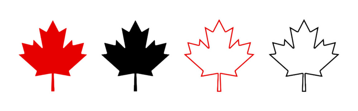 Set of four Canadian maple leaf icons in solid and outline styles