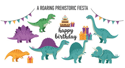 A birthdaythemed illustration featuring cartoon dinosaurs a cake gifts and colorful triangular bunting © Faisal