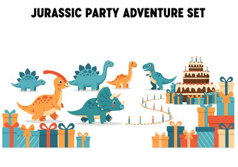 A cartoon Jurassic party scene with dinosaurs a tiered birthday cake and gift boxes on a white background © Faisal