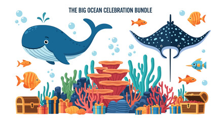 A cartoonstyle illustration of sea creatures coral reefs treasure chests and wrapped gifts © Faisal