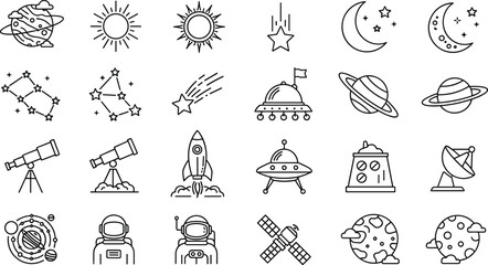 Outer Space and Astronomy Icon Set with Rocket Astronaut Planet Telescope UFO Satellite and Constellation Symbols for Line Art Vector Design © Lipi