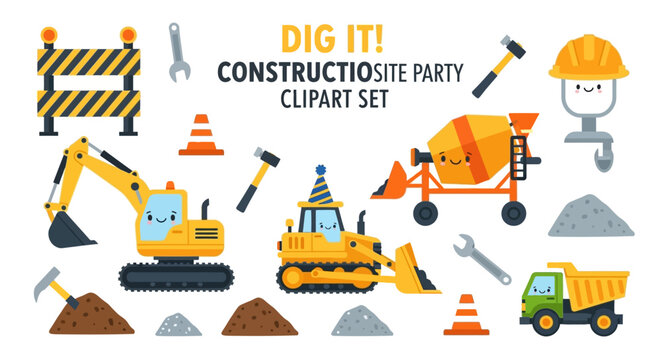 A collection of cartoon constructionthemed clipart featuring vehicles tools and site obstacles with faces