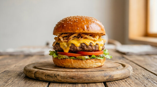 Gourmet cheeseburger featuring a juicy beef patty, melted cheese, crispy onions, tomatoes, pickles, and lettuce, served on a sesame bun a top a rustic wooden board.