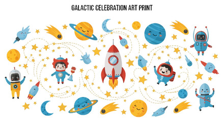 A collection of cartoon space elements including planets rockets stars and astronauts on a white background © Faisal