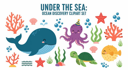 A collection of colorful cartoon oceanthemed clip art featuring a whale octopus turtle pufferfish and coral © Faisal