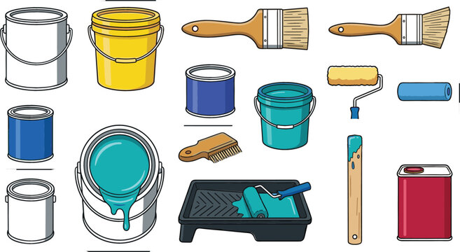 House painting and decorating tools vector set featuring paint cans, brushes, rollers, buckets and renovation equipment in flat illustration style