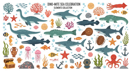 A flatdesign illustration of diverse prehistoric sea creatures colorful coral aquatic plants and nautical decor © Faisal