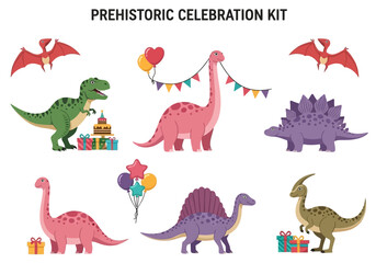 A graphic collection of cartoon dinosaurs and party supplies arranged on a white background © Faisal