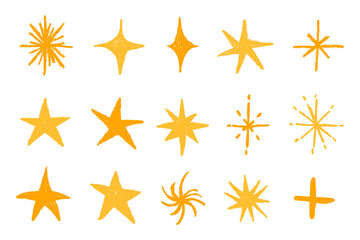 Obraz premium Hand Drawn Star Symbol Collection Vector Illustration. Cute sparkle and twinkle icons set in crayon scribble style. Creative orange celestial shapes and burst elements on a white background perfect