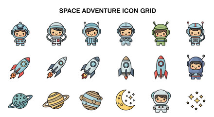 A grid of 18 colorful cartoonstyle spacethemed icons including astronauts rockets planets a moon and stars © Faisal