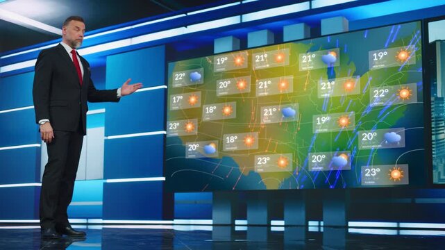 Male Meteorologist Delivers a Live National Weather Report Inside a Modern TV Studio, Announcing Temperatures and Climate Conditions on Interactive Digital US Map