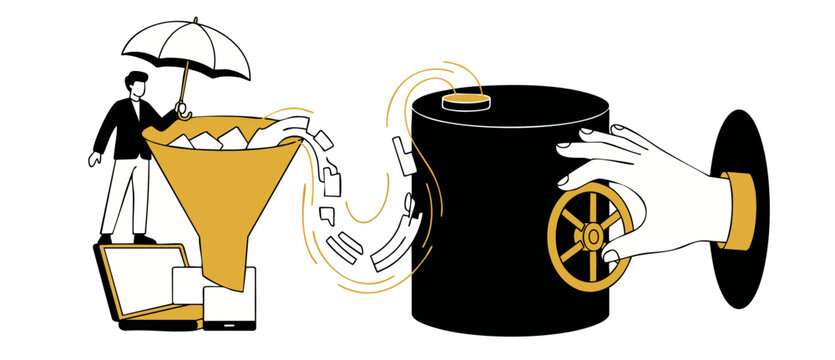 Data security funnel storage illustration showing a secure database system being managed by a businessman with files flowing into a protective vault drum, representing privacy data protection concept.
