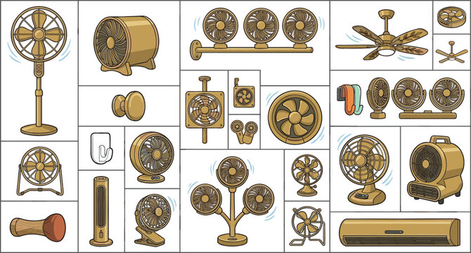 Electric fan and cooling appliance vector collection featuring pedestal fans, ceiling fans, desk fans and air conditioning equipment in flat style