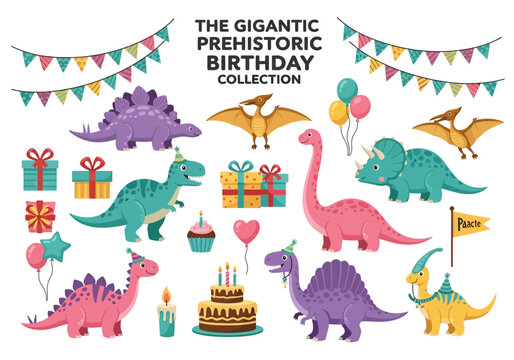 A graphic collection of cartoon dinosaurs with birthday party decorations