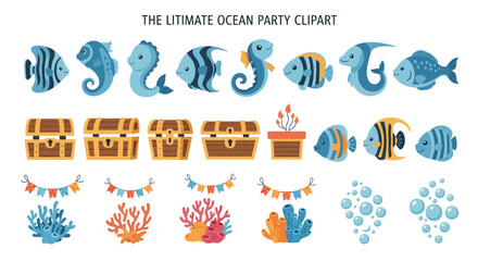 A set of oceanthemed vector clipart including various fish treasure chests coral reefs bunting and bubble clusters © Faisal