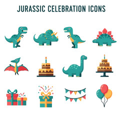 A set of twelve colorful flat vector icons featuring various dinosaurs and birthday party decorations © Faisal