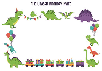 Fototapeta premium A white birthday invitation border featuring cartoon dinosaurs balloons bunting and a train carrying presents