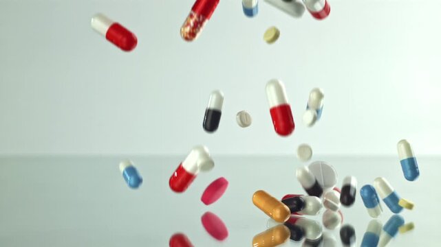 Falling colorful pills across white studio surface, capsules Filmed on a high-speed camera at 1000 fps.
