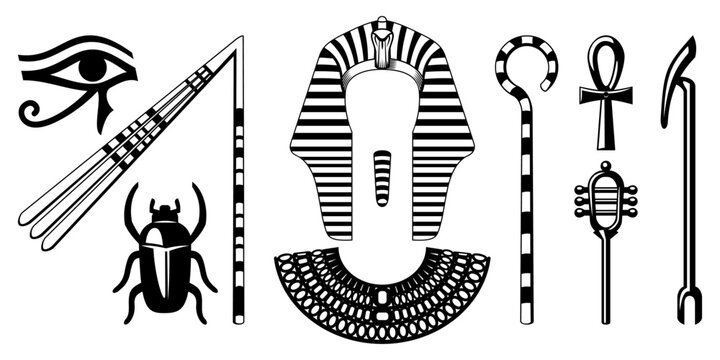 Ancient Egyptian Symbols. Pharaoh Attributives. Black and white vector cliparts.