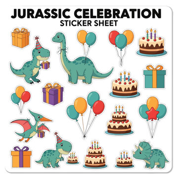 A sticker sheet featuring cartoon dinosaurs birthday cakes balloons and gifts against a white background
